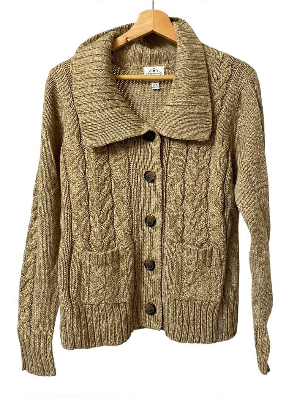 St John’s Bay Vintage brown oatmeal cable knit cozy button up collar sweater PM
